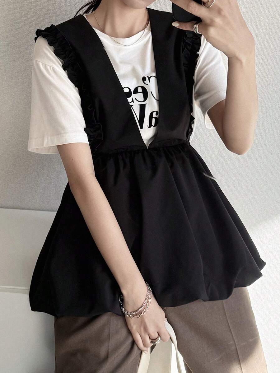 FRIFUL Women's Solid Color Layered Ruched Frill Trim Loose Casual Versatile Tank Top Summer - Black - View 1