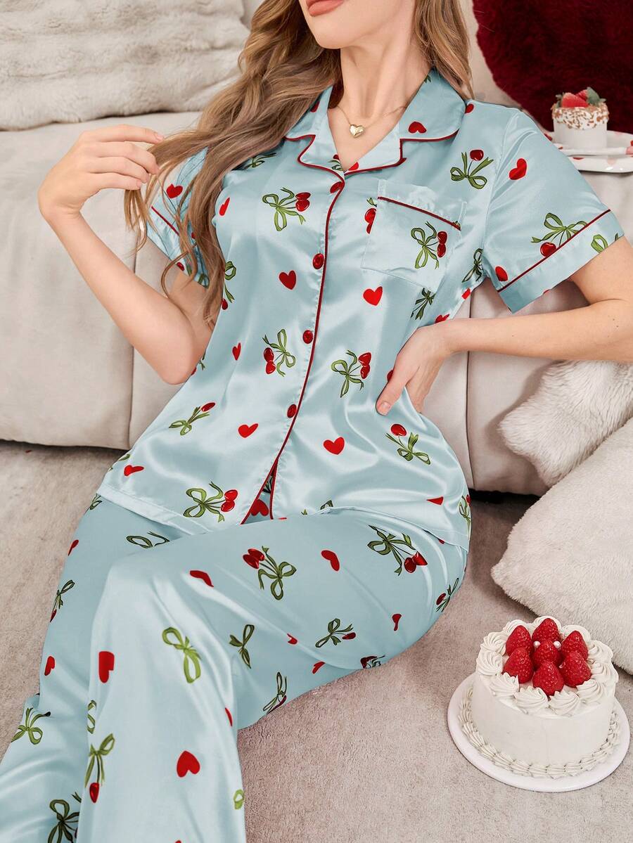 SHEIN 蝴蝶结樱桃印花翻领开衫仿丝绸女士睡衣套装 - 藍色 - 查看 1