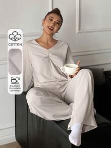 DAZY Minimalist Twist Design Knit Loose Women Pajama Set - Light Grey - View 3