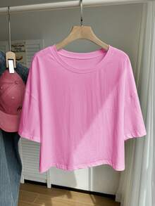 SHEIN EZwear Camiseta casual de manga corta con hombros caídos y unicolor, rosa, talla grande - Rosa - Ver 5