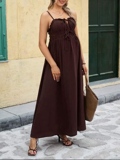 SHEIN Pregnant Women's Solid Color Front Tie Ruffle Hem Summer Camisole Dress