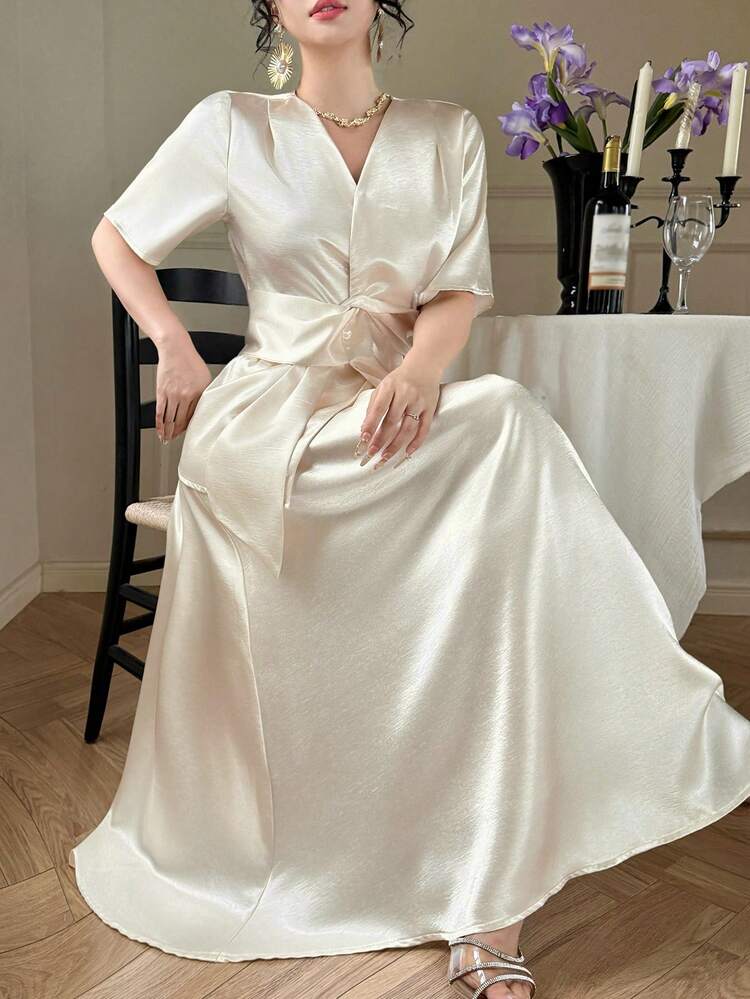 Women's Elegant Solid Color Belted V-Neck Blouse And Elastic Waist Skirt 2-Piece Set, Summer Spring,Wedding Guest Dress Women