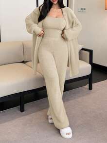 DAZY 3pcs/Set Faux Fur Robe, Camisole & Pants Women Pajama Set, Winter - Beige - View 4