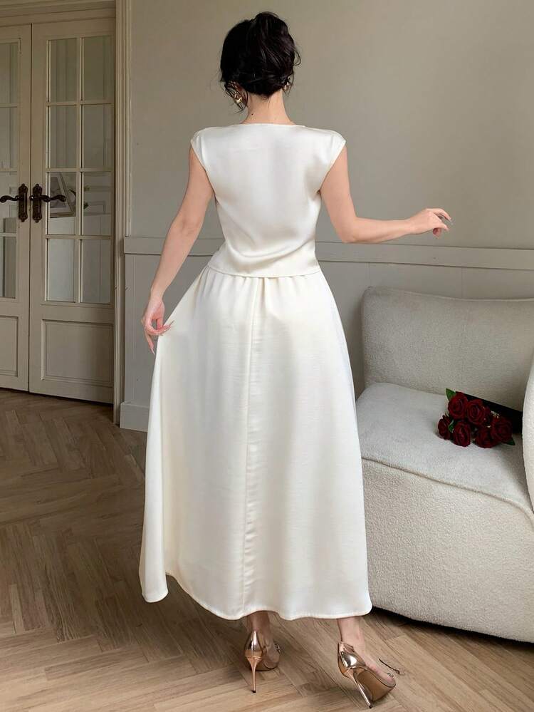 Women's Elegant Solid Color Draped Neck Sleeveless Top And A-Line Skirt 2-Piece Set, Summer,Wedding Guest Dress Women