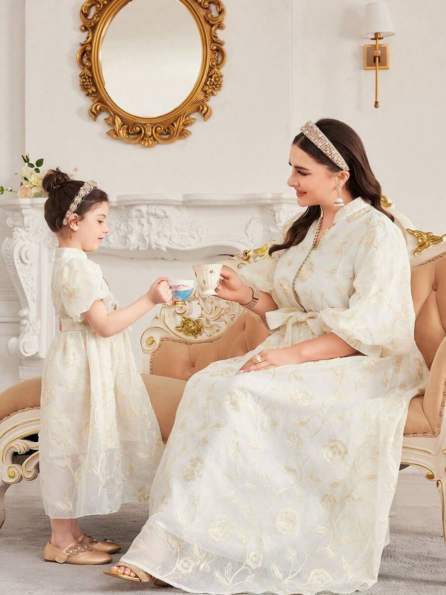 SHEIN Young Girl's Elegant Embroidered Lantern Sleeve Long Dress - Apricot - View 1