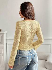 SHEIN EZwear 女士优雅性感纯色蕾丝深V领上衣 - 鵝黃色 - 查看 2