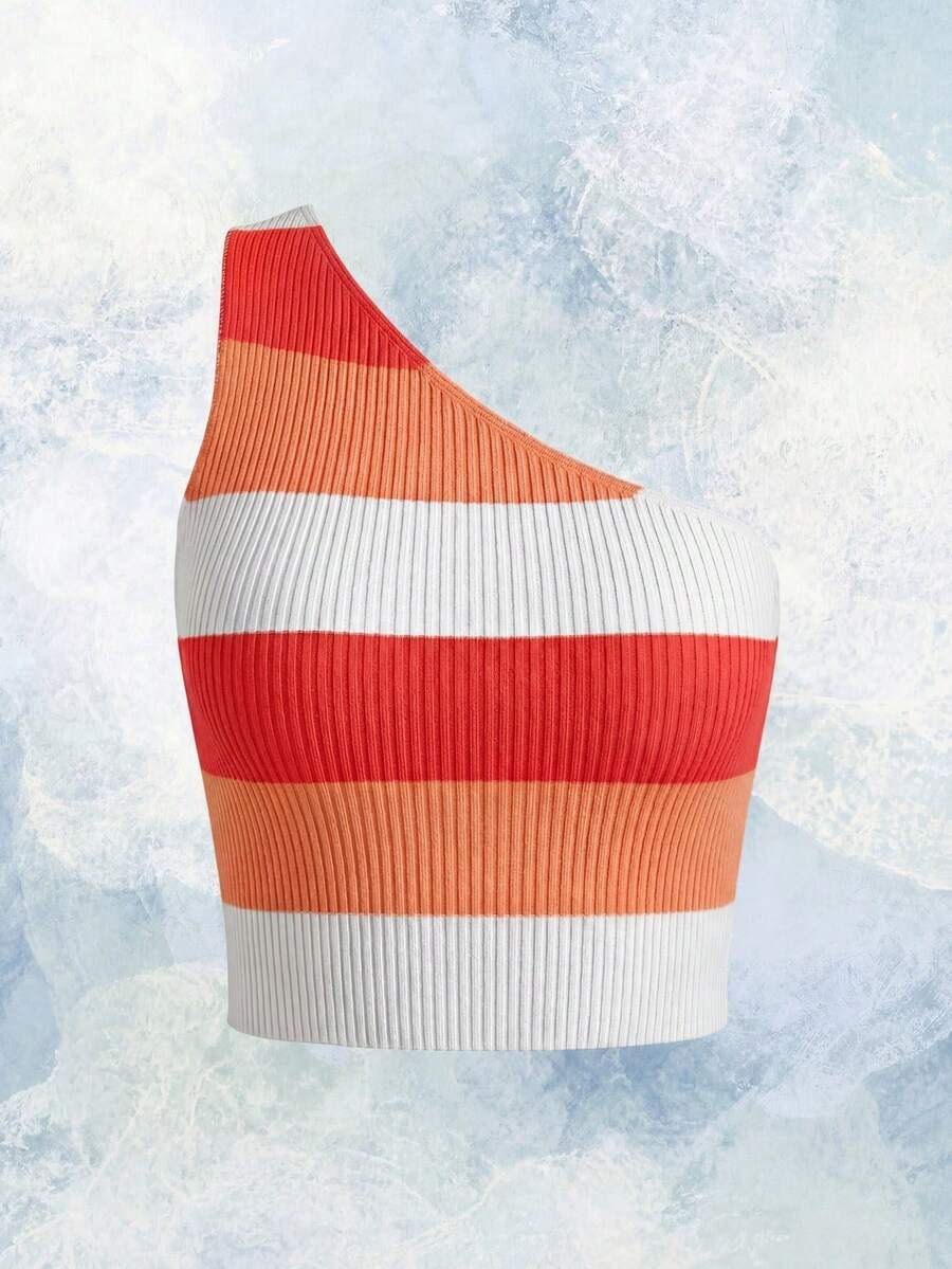 Breezaya Ladies' Striped One Shoulder Sleeveless Knit Top - Multicolor - View 1