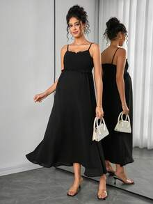 Maternity Solid Color Frill Trim Camisole Nursing Dress, - Black - View 1