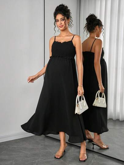 Momance Maternity Solid Color Frill Trim Camisole Nursing Dress