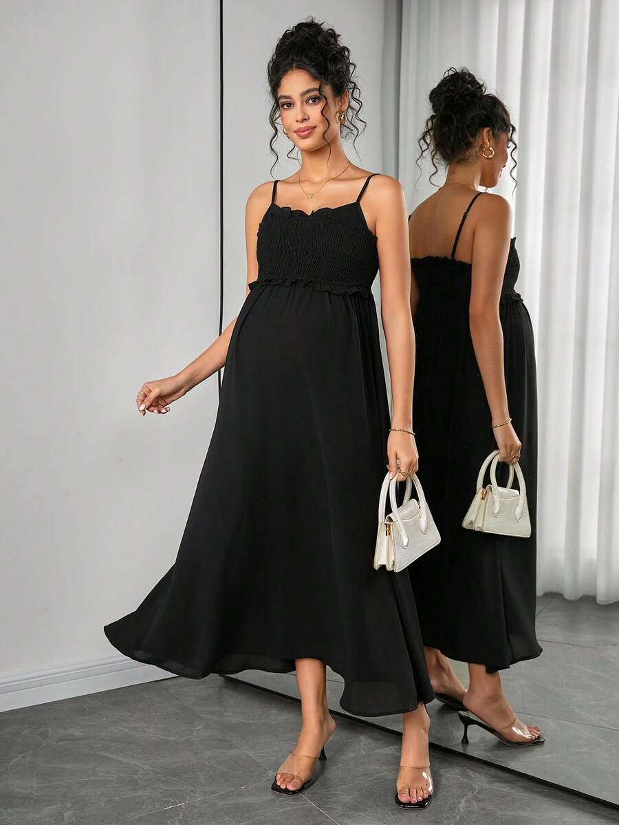 Maternity Solid Color Frill Trim Camisole Nursing Dress, - Black - View 1