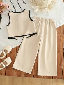 SHEIN Young Girl Casual Spring/Summer Plain Woven Sleeveless Vest And Pants Set