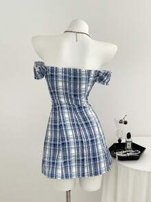 Elamini Women's Retro Off-Shoulder Spicy Plaid Button Waist Ruffle Hem Short Dress