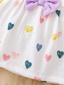 SHEIN Vintaside Kids Đầm dễ thương tay bồng in hình trái tim và nơ cho bé gái - Màu tím - Xem 7