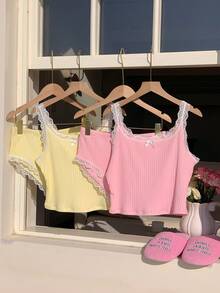 CovetEZ 2pcs Women Contrast Lace Camisole And Panty Set - Multicolor - View 3