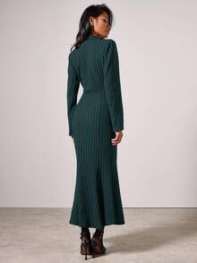 COSMINA Women's Striped Lapel NeckLong Sleeve Fitted Mermaid Hem Elegant Mid-Length Dress - Dark Green - View 2