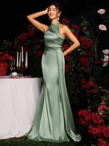 Coutiva Women Elegant Sequin Splice Halter Evening Party Dress, Wedding Guest Dress Music Festival Spring/Summer, Formal Dress, Gown - Green - View 3