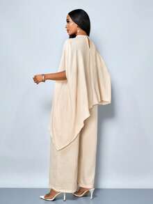 SOLERSUN 女士优雅时尚纯色高领蝙蝠袖亚麻棉混纺面料不对称下摆上衣搭配直筒长裤套装，春夏女装，休闲度假及海滩装扮的完美之选。 - 杏色 - 查看 2