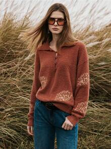 Florisole Women's Thick Jacquard Pattern Knitted Pullover Sweater With Button Decor, Casual Base Layer For Autumn/Winter - Camel - View 7