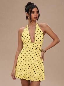 SHEIN BAE Women's Summer Polka Dot Print Ruched Halter Mini Dress - Yellow - View 4