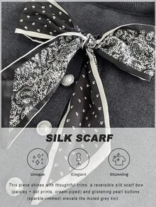 SHEIN Clasi 女士优雅知性简约休闲日常通勤开衫，设计时尚，年轻潮流，圆领插肩长袖，金属纽扣围巾装饰，纯色修身大码开衫，秋冬款 - 灰色 - 查看 5