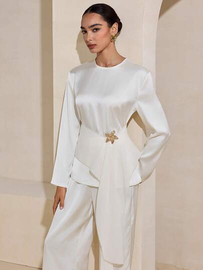 Graceveil Apricot Long Sleeve Flared Cuff Five-Pointed Star Metal Buckle Decor Top + Pants, Elegant French-Style Arabic Women Outfit Set