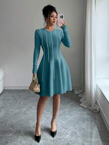 SHEIN Elenzya Autumn/Winter Korean Style Elegant Colorblock Round Neck Long Sleeve Cinched Waist Short Puff Dress - Blue - View 4