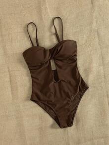 Swim Chiccia 1件装女士性感休闲度假简约优雅纯色镂空扭结肩带连体泳衣，春夏款 - 棕色 - 查看 5