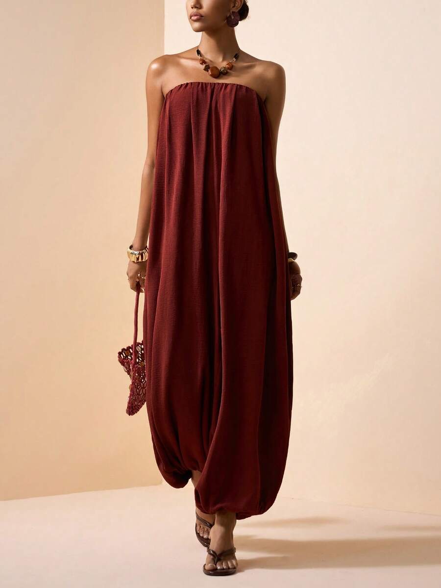 Zivah Women's Solid Color Pleated Pocket Jumpsuit, Fashionable For Daily Wear, Travel And Vacation - Brown - View 1