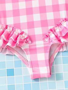 SHEIN Young Girls/Young Girl Cute Bow-Decorated Ruffled One-Piece Swimsuit,Light Pink Plaid Swimsuit
