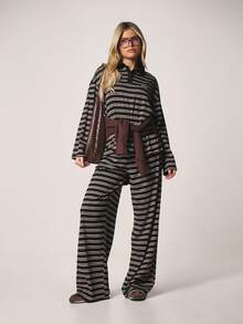 MISSGUIDED Bộ đồ mặc nhà mùa thu đông gồm áo hoodie dài tay kẻ sọc dáng rộng và quần ống rộng palazzo. - màu đen - Xem 3