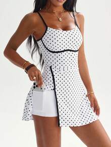 CourtClass 女士春夏高尔夫连衣裙，无袖波点印花撞色滚边开衩半身裙，搭配带口袋的同款短裤，适合休闲、跑步、瑜伽、健身、网球、高尔夫等场合。