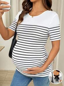 SHEIN Maternity Striped Print Round Neck Fitted Short Sleeve T-Shirt Maternity Tops Maternity Clothes T Shirts Pregnancy Shirts Pregnant Clothes Nursing Top