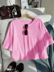 SHEIN EZwear Camiseta casual de manga corta con hombros caídos y unicolor, rosa, talla grande - Rosa - Ver 4