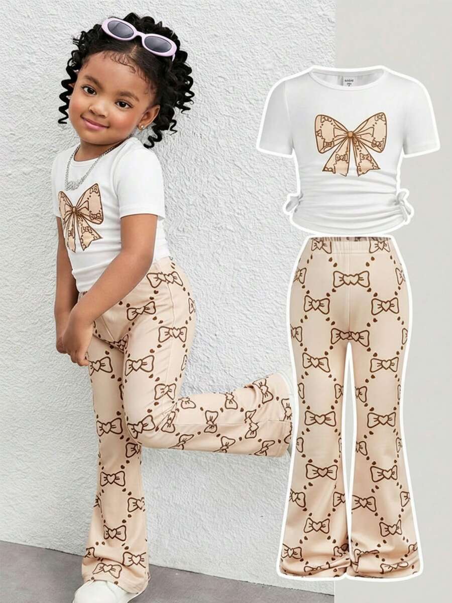 SHEIN 2pcs Young Girl Set: Black Round Neck Knit T-Shirt And Slim Fit Casual Pants,Streetwear Casual Game Day  Back To School