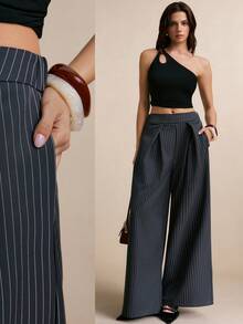 Poéselle Women's Pleated Pocket Loose Casual Striped Wide Leg Pants - Grey - View 1
