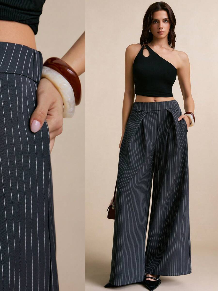 Poéselle Women's Pleated Pocket Loose Casual Striped Wide Leg Pants - Grey - View 1