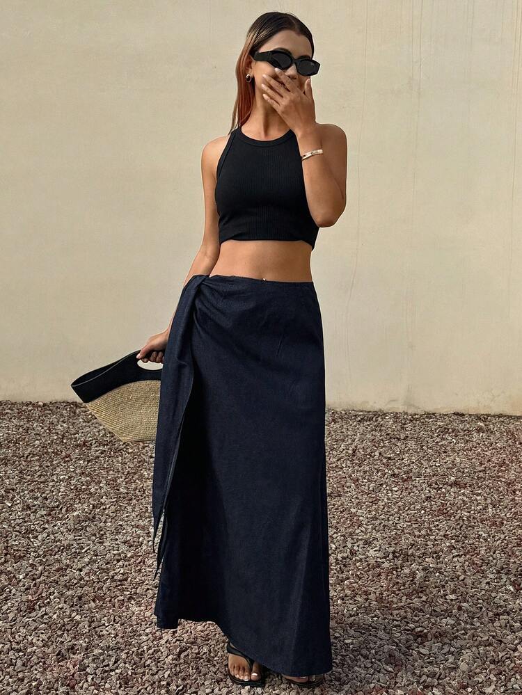 Women's Side Tie Loose Straight Long Skirt, Casual And Elegant Denim A-Line Skirt