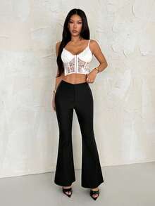 SHEIN PETITE Sexy Summer Business Office Casual Solid Flare Leg Pants - Black - View 7