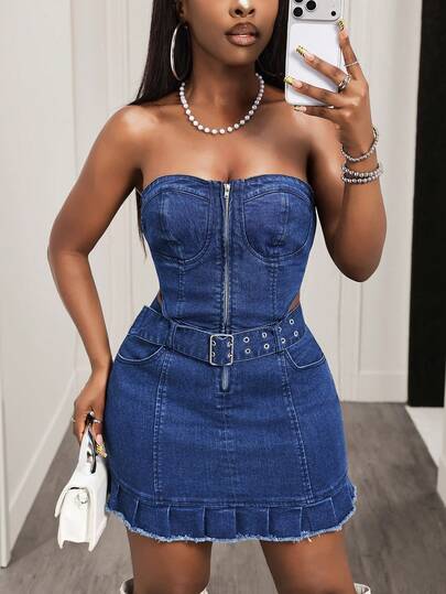 Slaydiva Vestido de tubo de mezclilla con cierre frontal de media cremallera, volantes en el bajo y cinturón hebilla para mujer, estilo casual de moda callejera de verano