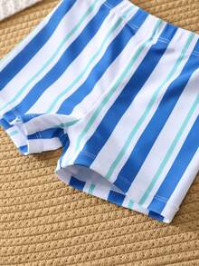 SHEIN 2pcs Baby Boy Summer Casual Vacation Fruit Pattern Long Sleeve Swimsuit & Blue Striped Swim Trunks, Suitable For Beach, Pool, Spa - Multicolor - View 7