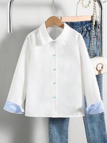 Tween Girls' Casual Everyday Commute Versatile Colorblock Striped Cuff Long Sleeve Shirt, Spring/Autumn - White - View 3