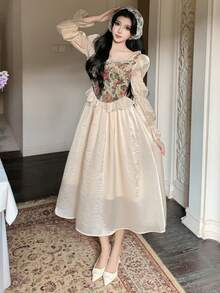 Women's Elegant Floral Patchwork Frill Trim Long Dress, Spring/Summer Wedding Guest Dress - Beige - View 10
