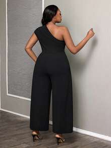 SHEIN PETITE CURVE Plus Size Solid Color Casual Jumpsuit - Black - View 2