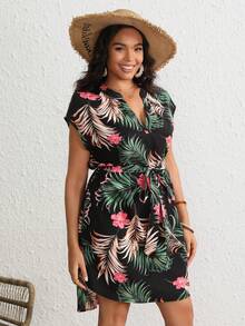 SHEIN VCAY Plus Tropical Print Batwing Sleeve Belted Summer Boho Dress,Beach Dress Sundress,Holiday Outfits