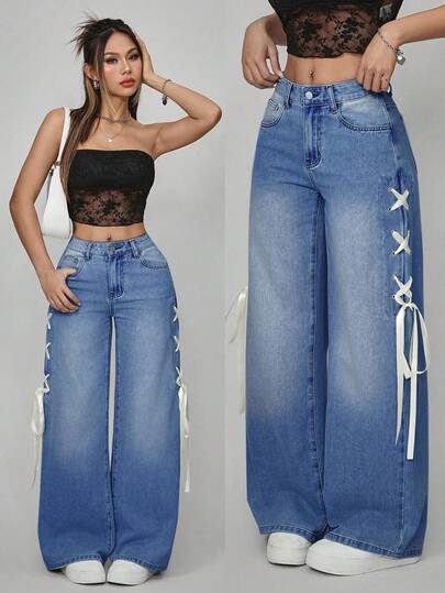 SHEIN PETITE Jeans casuales de ajuste holgado para mujer con bolsillos y diseño de cordones de ojal