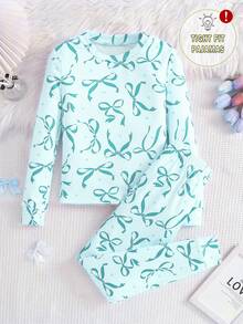 Tween Girl Butterfly Print Leggings And Long Sleeve Top Pajama Set - Mint Blue - View 7