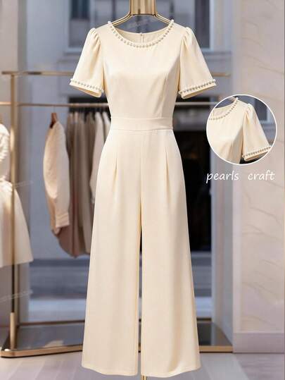 GlowEve Women's Elegant Solid Color Satin Bubble Pearl Decor Wide Leg Jumpsuit, Spring/Summer