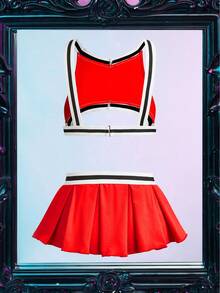 Fantasy Costume 2pcs Cheerleader Party Hollow Out Contrast Color Mini Skirt Costume Set, Energetic For Masquerade, Bar - Red - View 7
