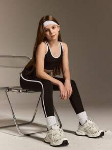 Tween Girls Activewear Set, 4-Way Stretch High Elasticity Snug Fit Vest And Pants, Suitable For Cycling, Running, Training - Black - View 7