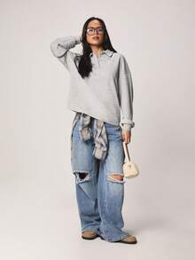 MISSGUIDED Polo Collar Sweatshirt Long Sleeve Pullover Button Placket Casual Top - Light Grey - View 3